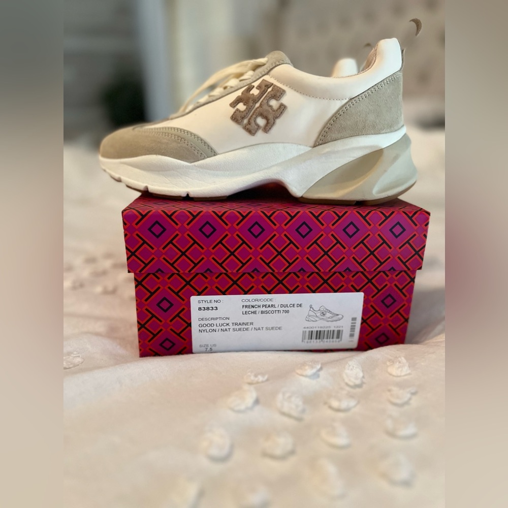 Authentic Tory Burch Good Luck Trainer Nylon/Natural Suede, French Pearl.